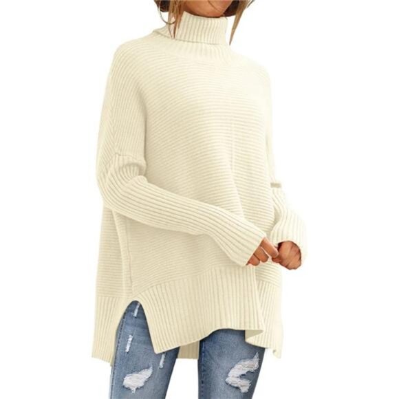 Women's Oversized Ribbed Turtleneck Sweater with Batwing Sleeves –Fall Tunic - Picture 1 of 7